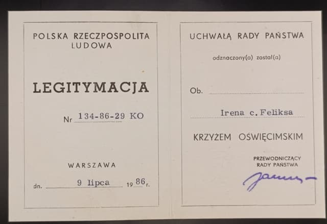 Legitymacja do Krzyża Oświęcimskiego 1986