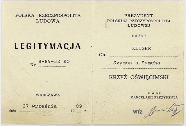 Legitymacja do Krzyża Oświęcimskiego 1989