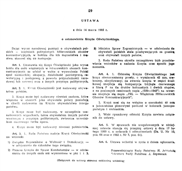 Ustawa z dnia 14 marca 1985r o ustanowieniu Krzyża Oświęcimskiego