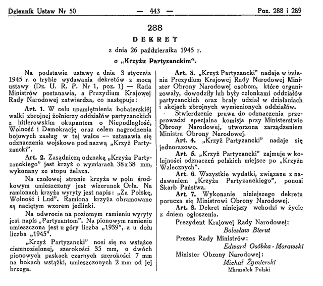 Dekret 26.11.1945 o Krzyżu Partyzanckim