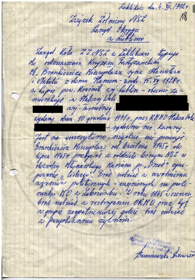 Wniosek Związku Żołnierzy NSZ o nadanie Krzyża 1992r