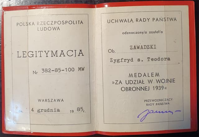 Legitymacja do medalu 1939 nadana w 1985r.