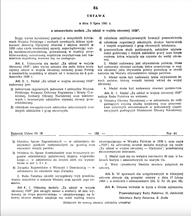 Ustawa 03.07.1981 o ustanowieniu medalu za udział w wojnie obronnej 1939
