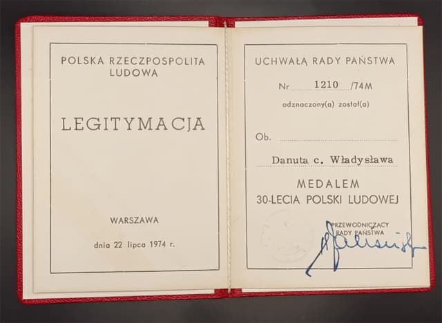 Legitymacja do medalu XXX-lecia Polski Ludowej