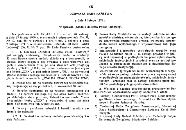 Uchwała w sprawie Medalu 30-lecia Polski Ludowej