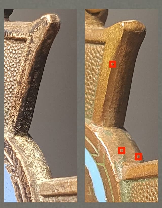 Na krzyżu menniczym (prawa strona) widać wyraźnie ręczną obróbkę.