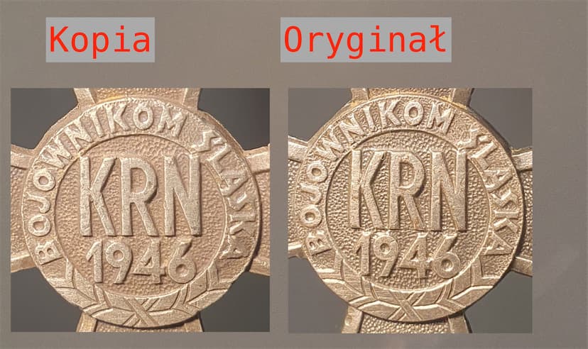Porównanie rewersu kopii i oryginału dla Śląskiego Krzyża Powstańczego