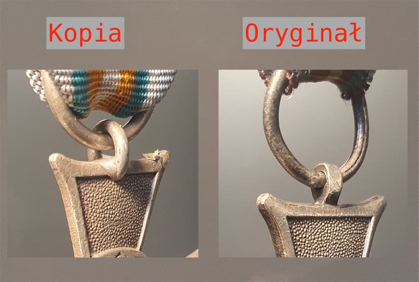 Porównanie uszka kopii i oryginału dla Śląskiego Krzyża Powstańczego