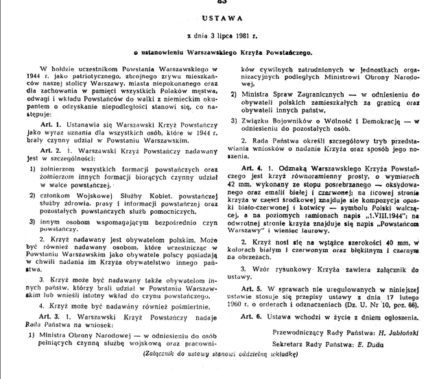 Ustawa z dnia 3 lipca 1981r o ustanowieniu Warszawskiego Krzyża Powstańczego