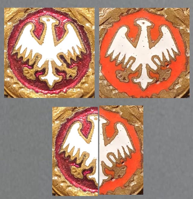 Na orle po lewej stronie widać delikatną czarną krawędź. Zdjęcie na dole pokazuje dwa orły połączone dla porównania