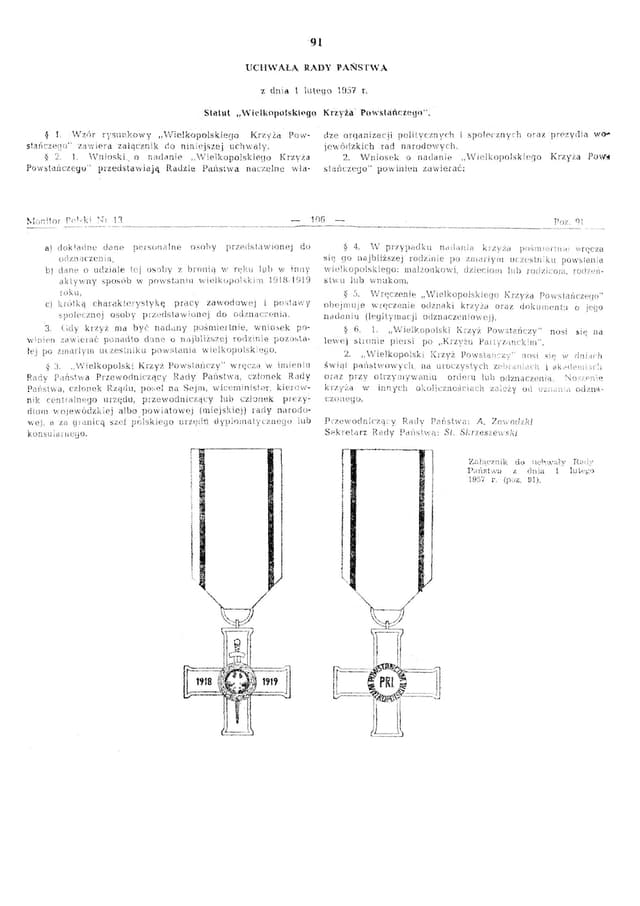 01.02.1957r. Statut Wielkopolskiego Krzyża Powstańczego